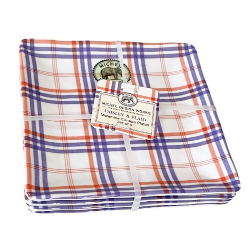 NEW MICHEL DESIGN WORKS PAISLEY & PLAID Set/4 Melamine Canapé Plates
